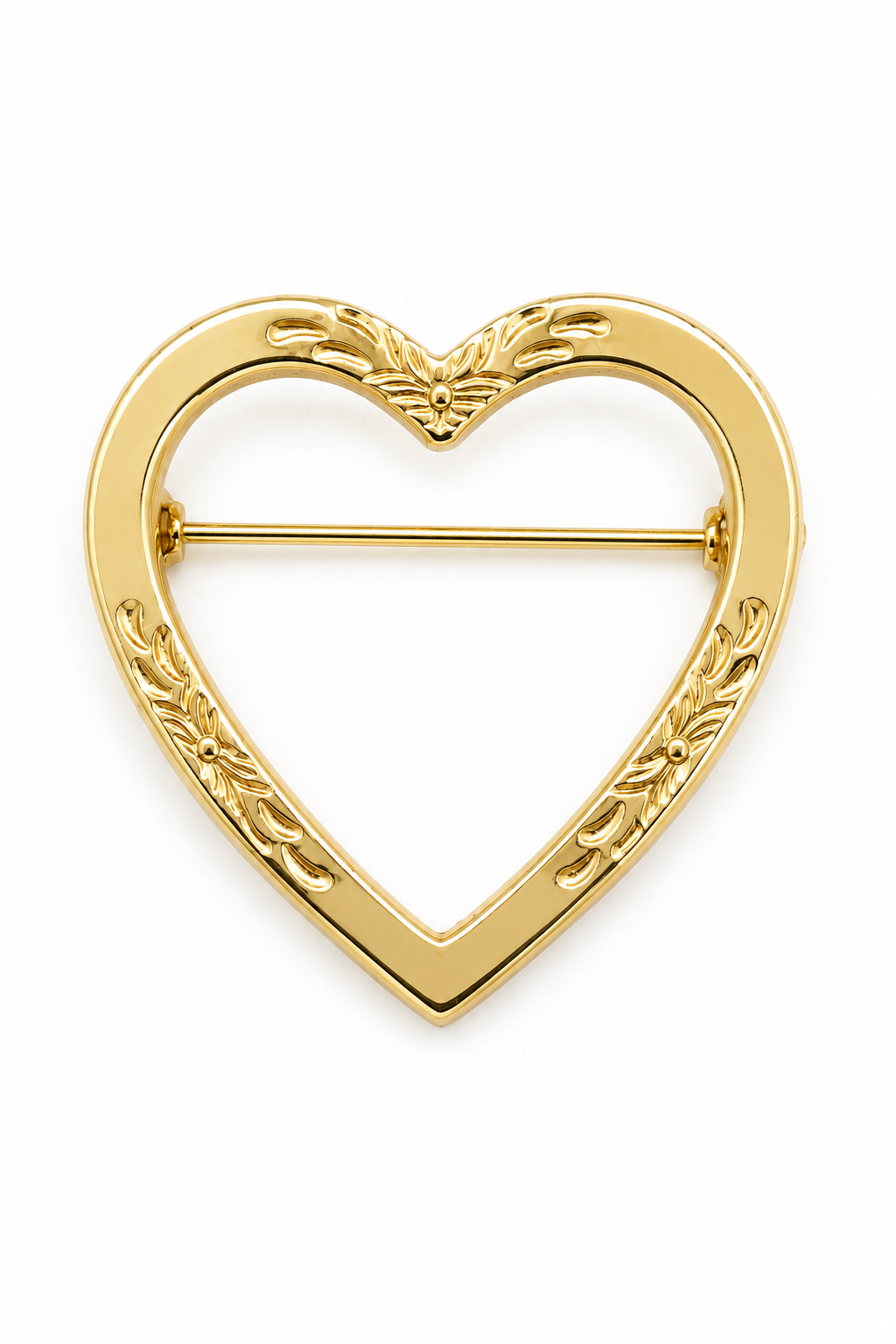 Vintage 1970s–80s Gold Tone Engraved Open Heart Brooch Pin Romantic Floral Filigree