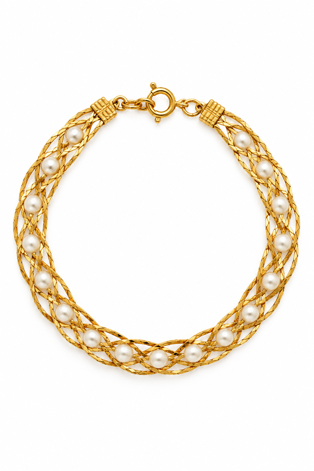 Vintage 1995 Avon Pearlesque Treasures Faux Pearl & Gold-Tone Braided Bracelet – 8” Elegant Retro Jewelry