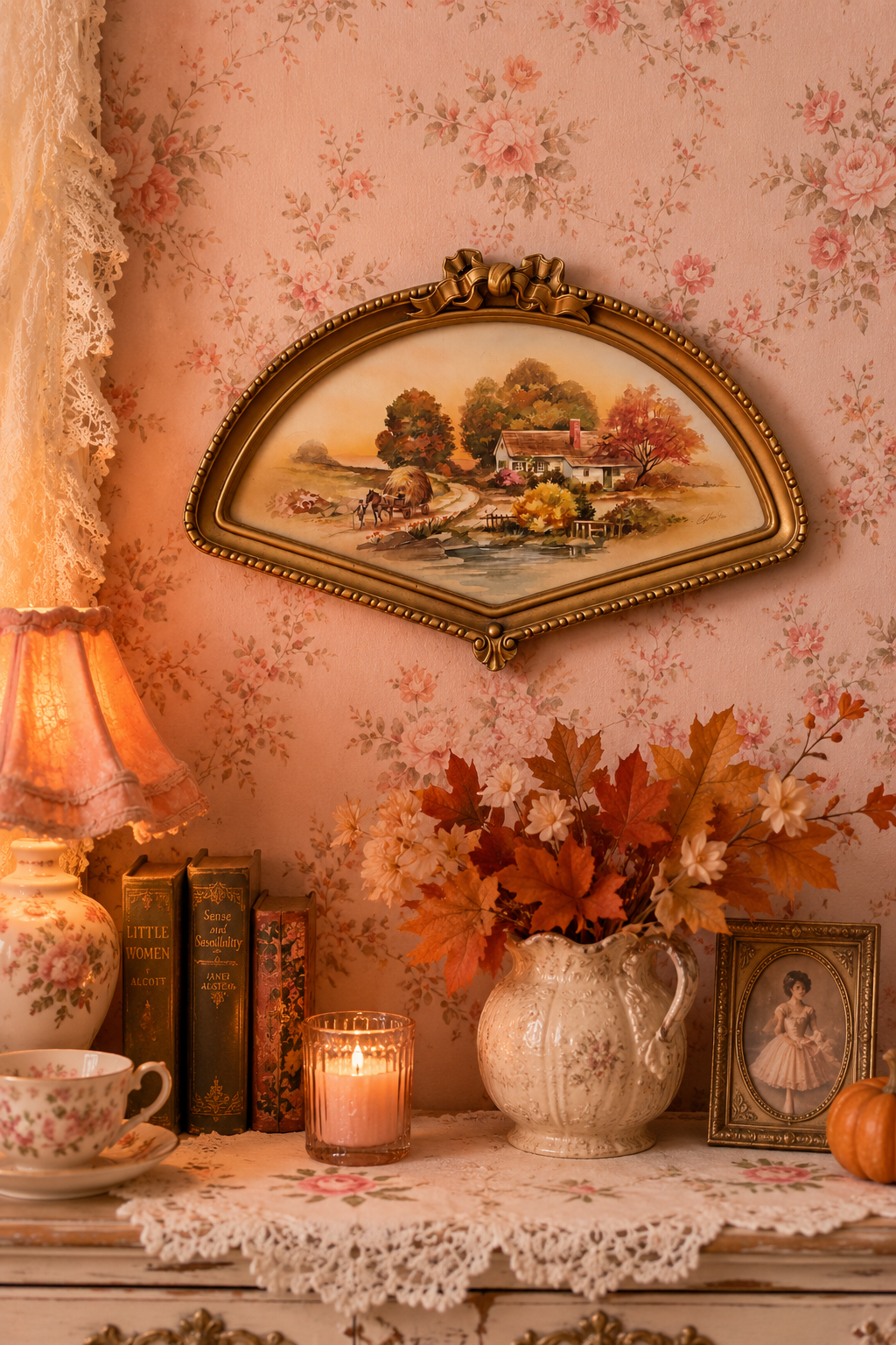 Vintage 1980s Homco Fan-Shaped Wall Hanging | Autumn Harvest Farmhouse Scene | Rustic Country Wall Décor | 16.5”