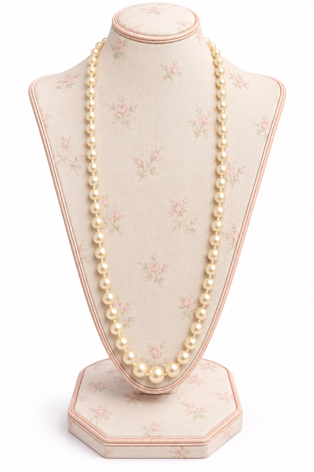 Vintage 1950s Japan Graduated Faux Pearl Long Strand Necklace with Filigree Fishhook Clasp