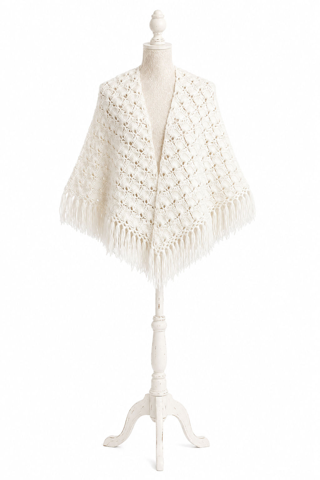 Vintage Cream Hand-Crocheted Fringe Shawl Wrap – Romantic Open Knit | One Size