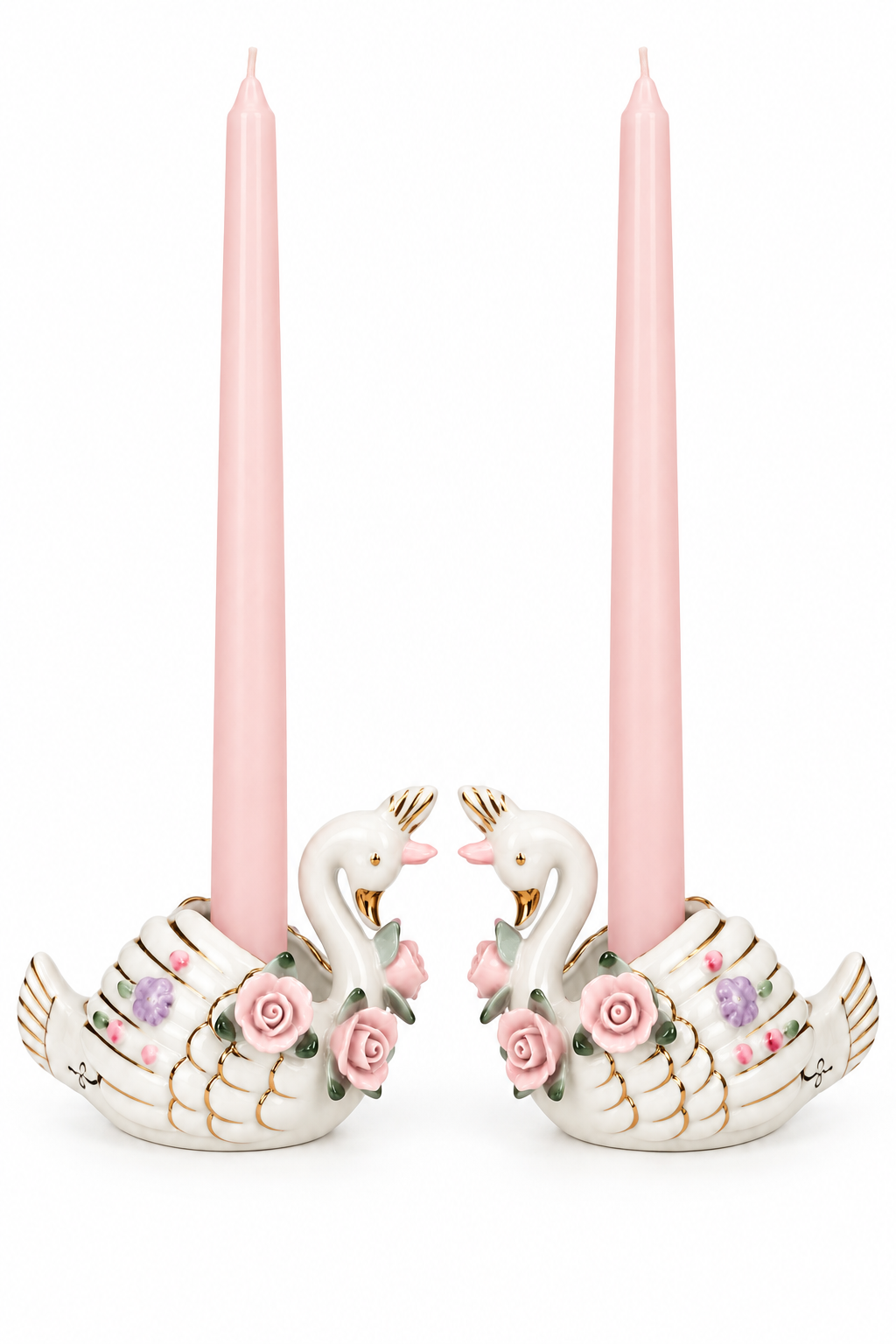 Rare Vintage Made in Japan Porcelain Swan Candle Holders with Pink Roses | Set of 2