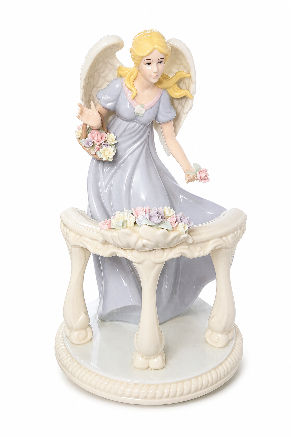Vintage 2005 Member’s Mark Porcelain Angel Figurine with Flower Balustrade, Hand Painted