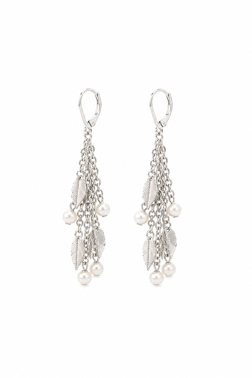 Silver Tone Pearl & Leaf Chain Dangle Earrings