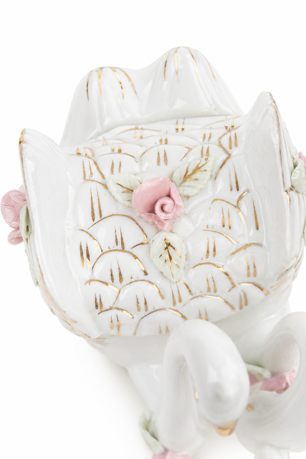 Vintage 1950s White Porcelain Double Swan Trinket Box | Pink Roses & Gold Gilt | Lidded Jewelry Box | Romantic Vanity Decor