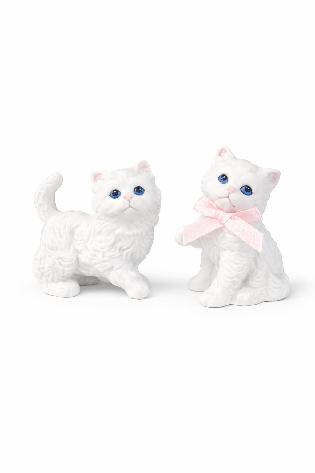Set of 2 Vintage-Inspired White Cat Figurines | Sweet Porcelain Kitty Pair with Pink Bow