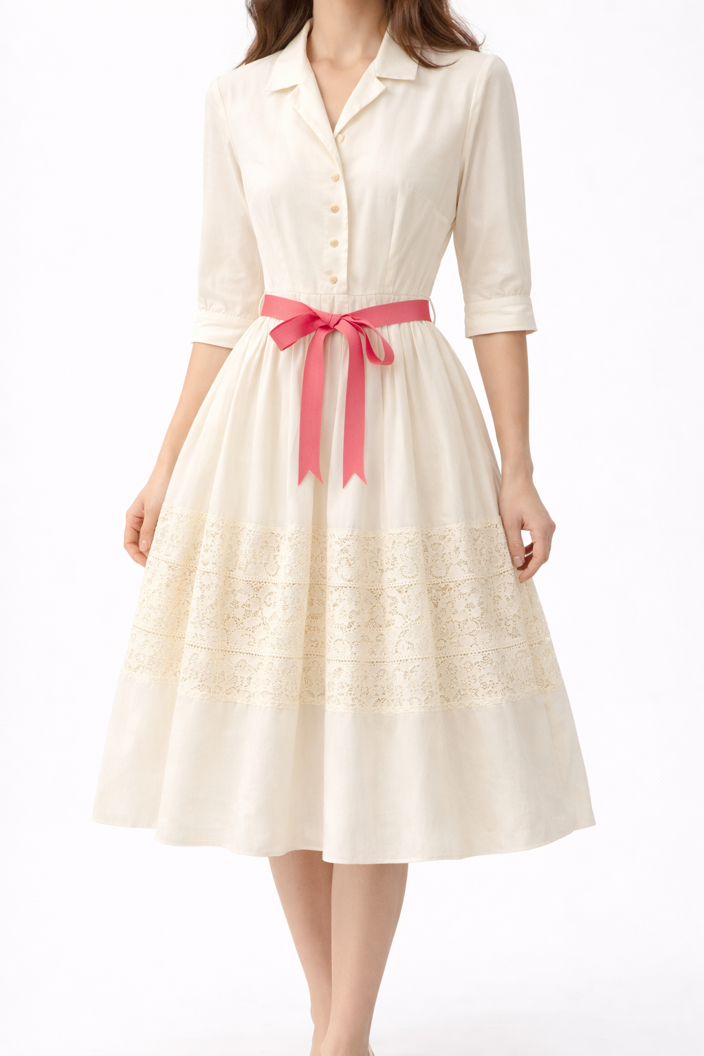 Vintage 1950s–1960s White Lace Dress with Pink Ribbon | Romantic Spring / Bridal Dress