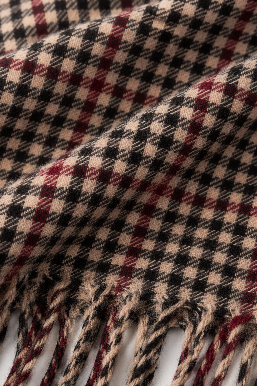 Vintage Plaid Fringe Scarf – Brown, Black & Burgundy Classic Fall Scarf