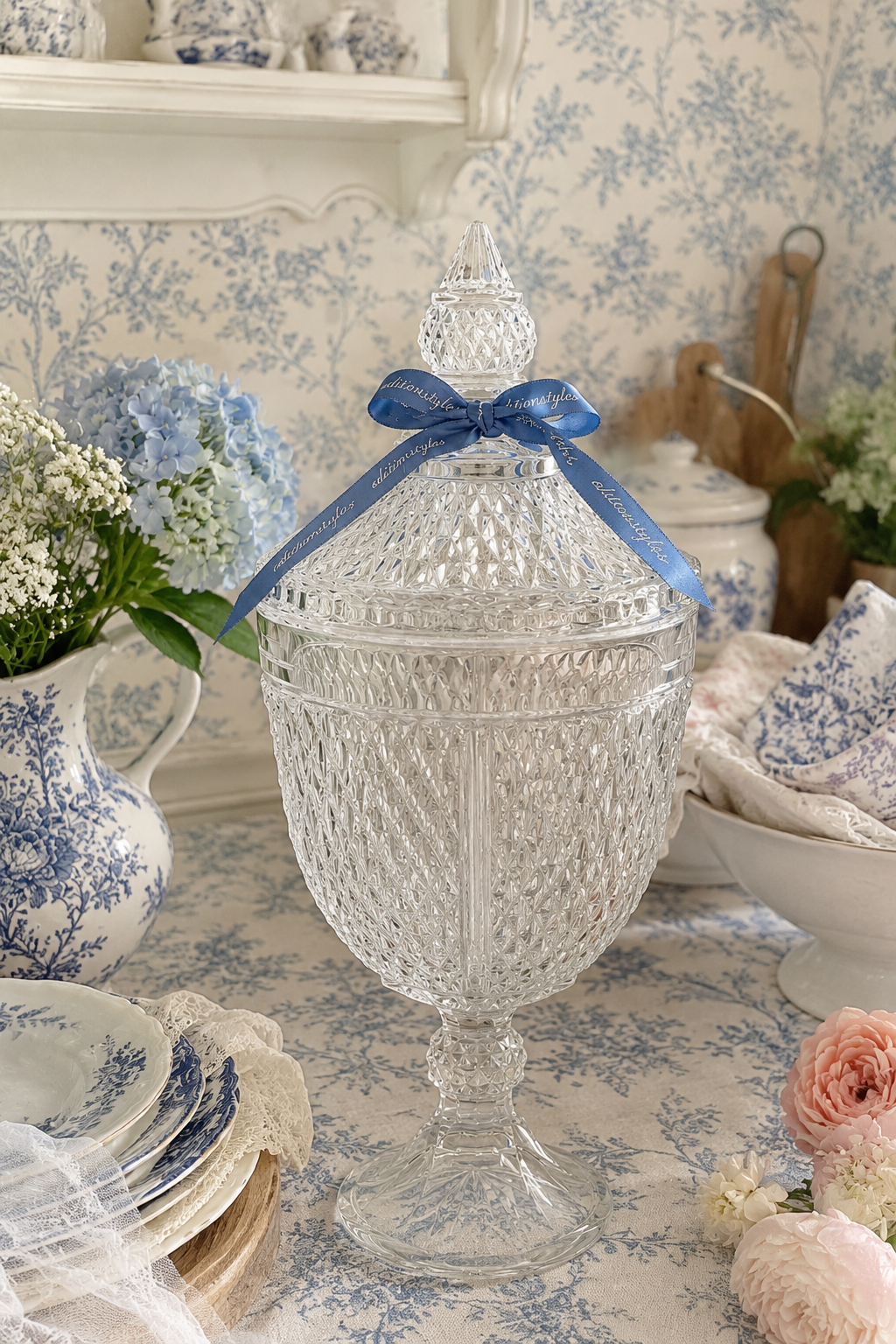 Vintage Cut Glass Pedestal Candy Dish with Lid | Elegant Crystal-Style Covered Apothecary Jar | 13” Tall