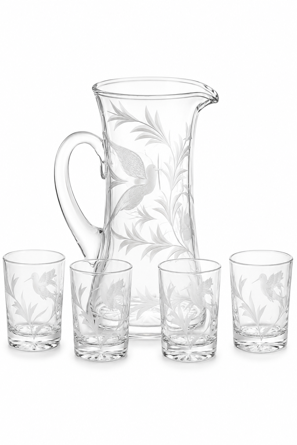 Antique 1890s American Brilliant Period Crystal Love Birds & Wisteria Pitcher Set | Etched Pitcher with 4 Glasses