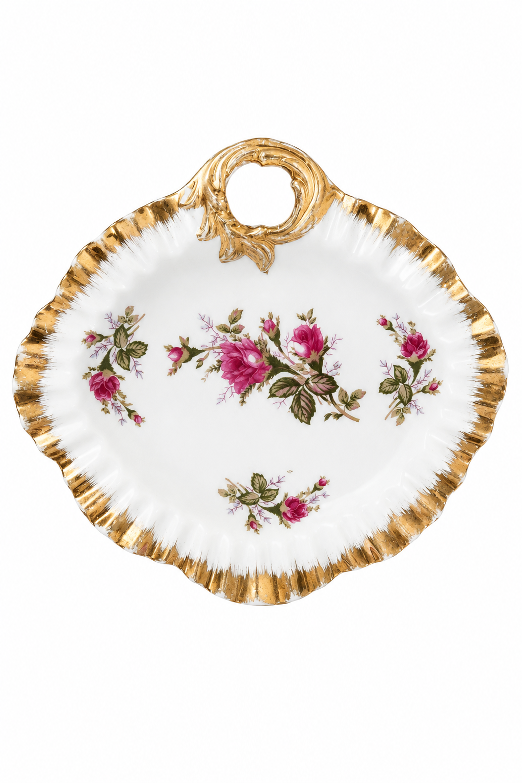 Vintage 1950s Pink Rose Porcelain Trinket Dish with Ornate Gold Trim