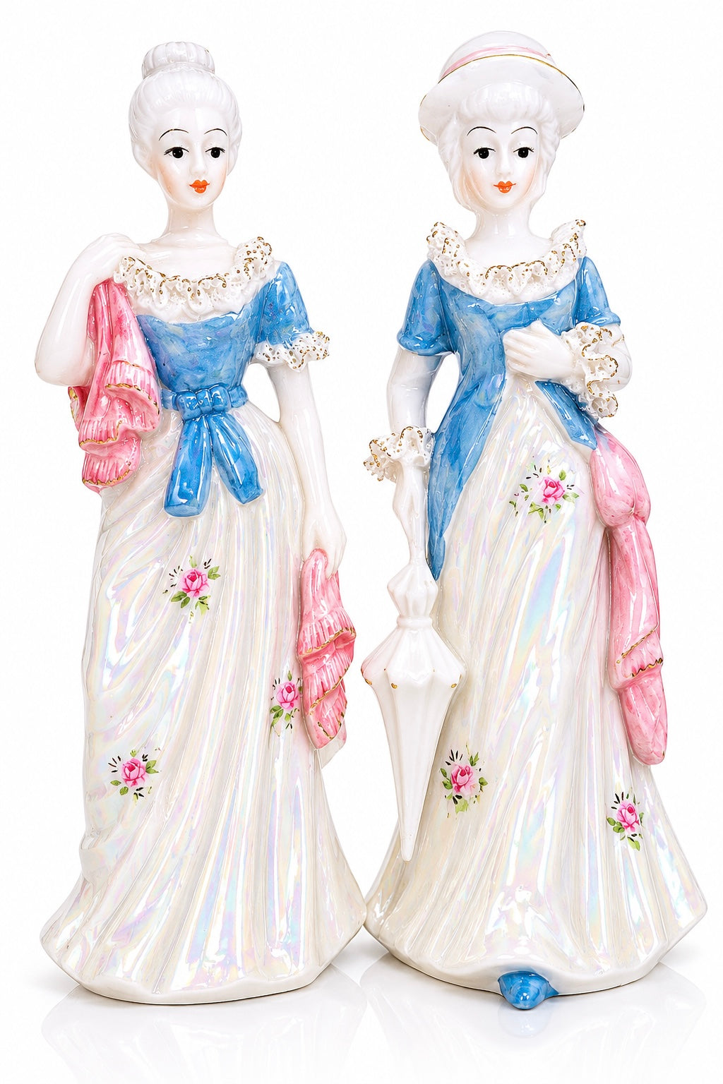 1970s–1980s Victorian Lady Figurine Set | Iridescent Lusterware Porcelain Ladies | Set of 2
