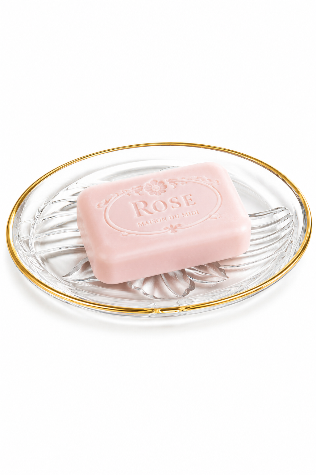 Vintage Clear & Frosted Glass Orchid Soap Dish with Gold Trim | 7” x 4”