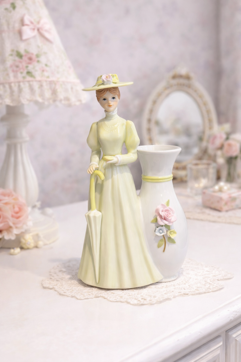 1980s Victorian Lady Figurine with Mini Vase | Romantic Desk Accent