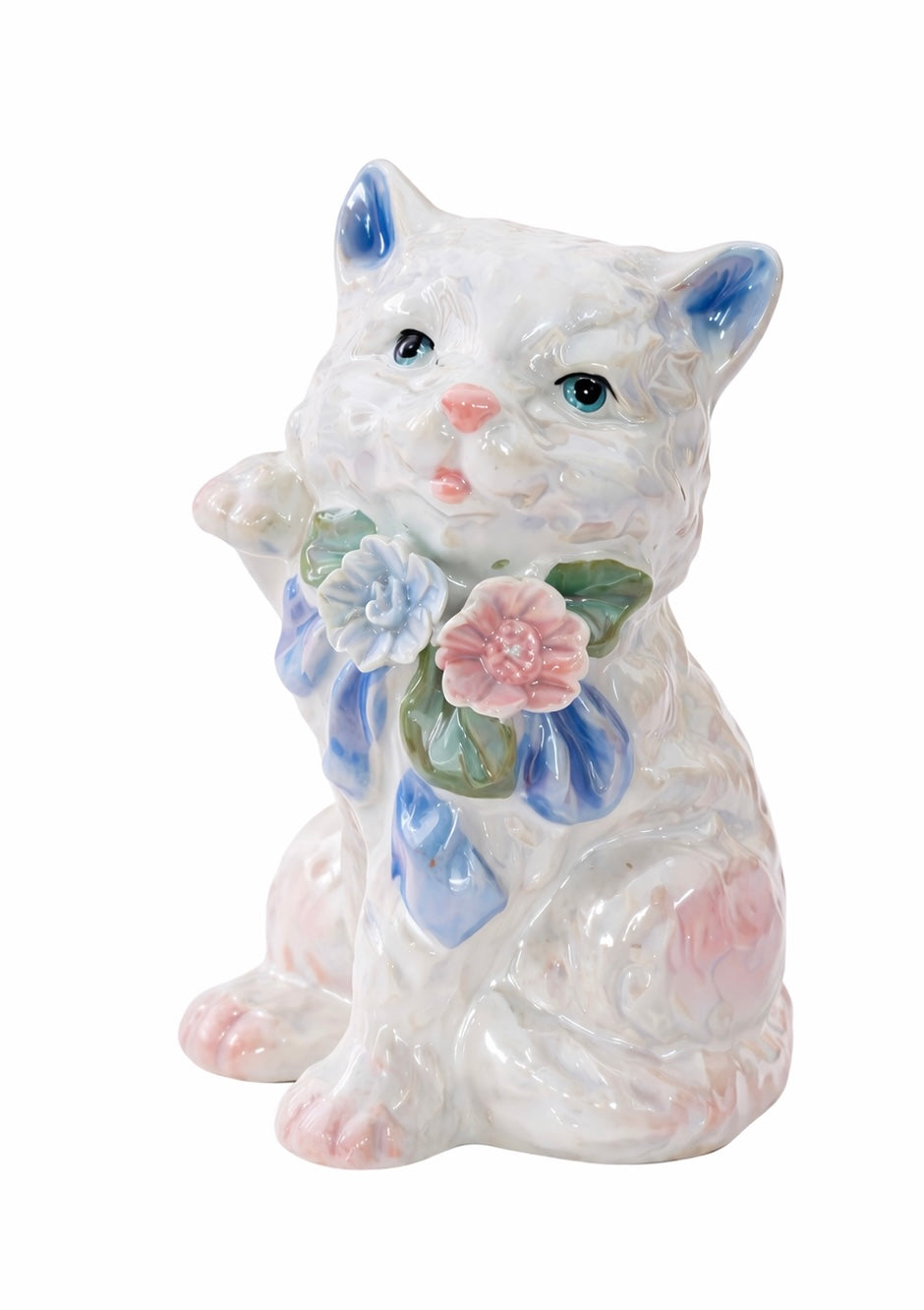 Vintage Porcelain Kitty Figurine with Floral Bow | Delicate Cottagecore Trinket