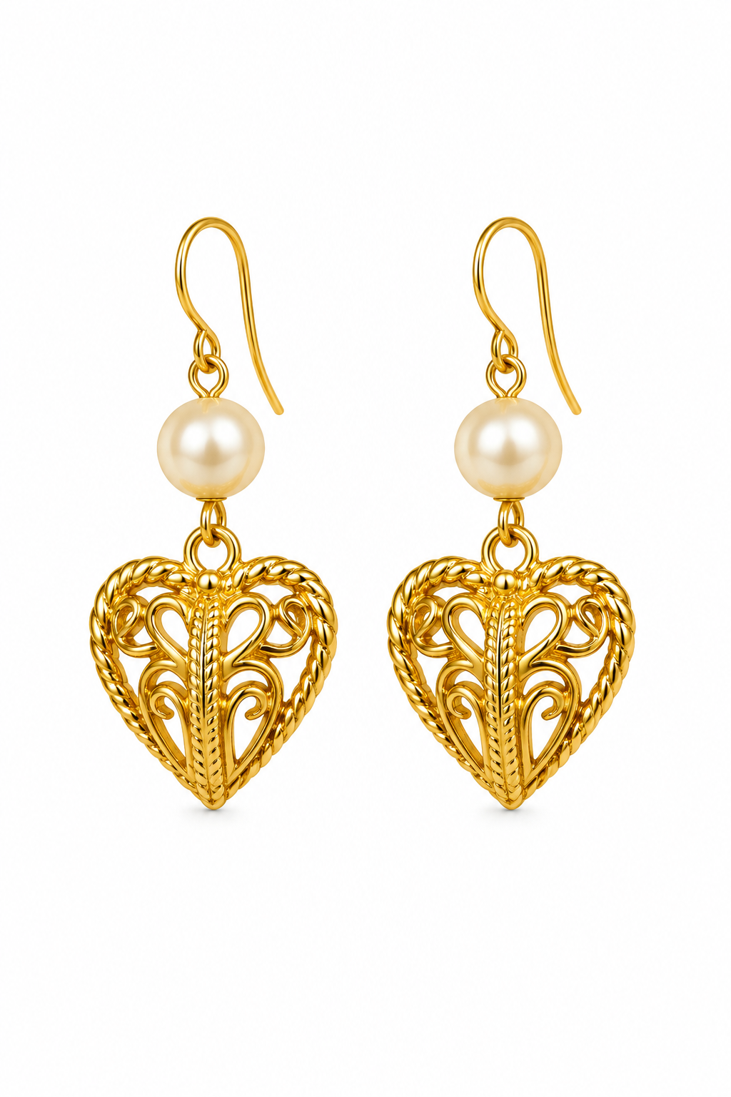 Vintage 1990s Avon Gold Tone Filigree Heart Faux Pearl Dangle Earrings Romantic Pierced Earrings