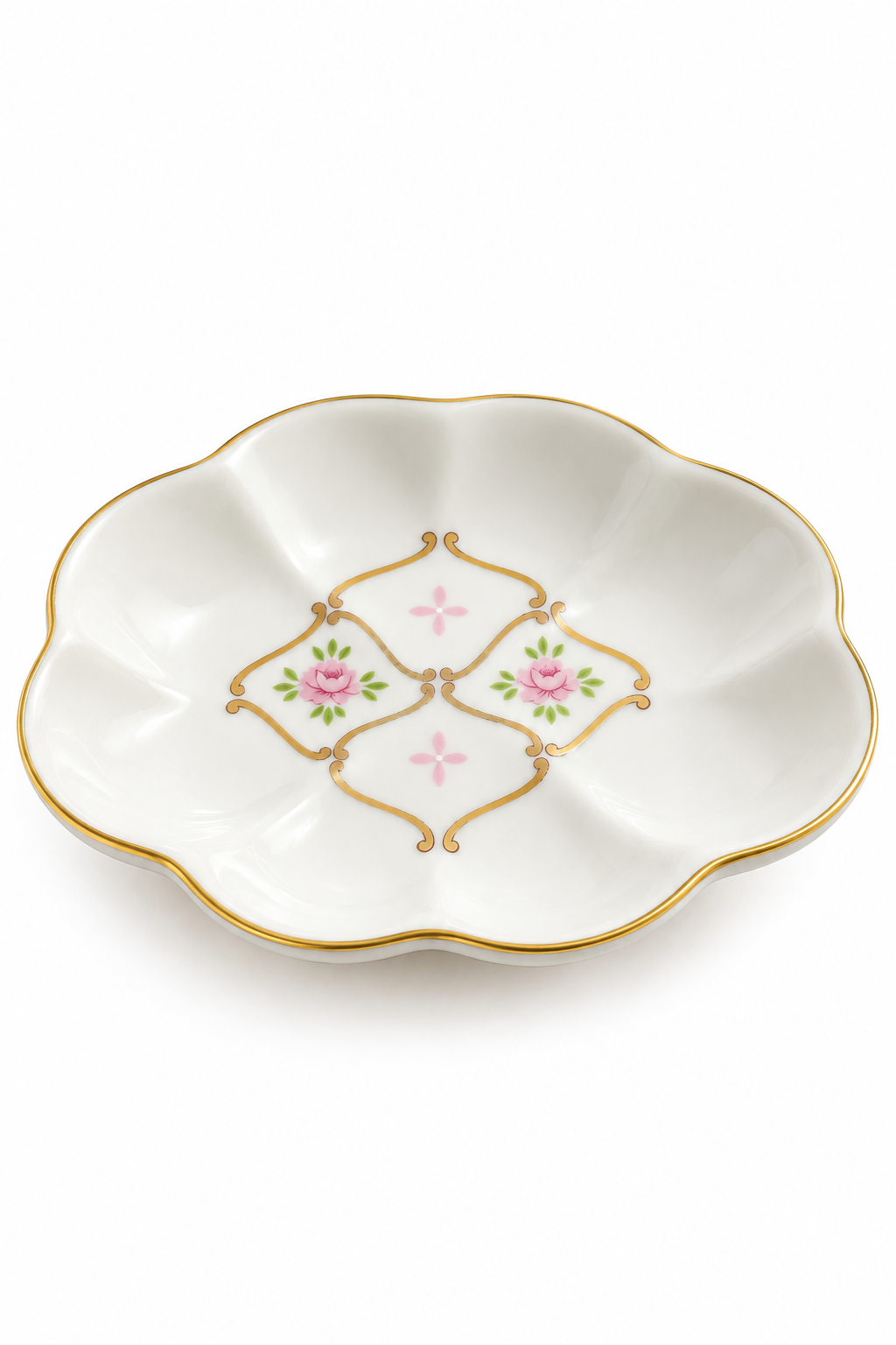 Vintage Pink Rose Porcelain Soap Dish | Gold Trim Scalloped Jewelry Trinket Dish