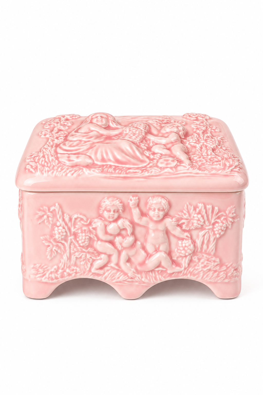 Vintage 1950s–1960s Pink Ceramic Cherub Vanity Trinket Box