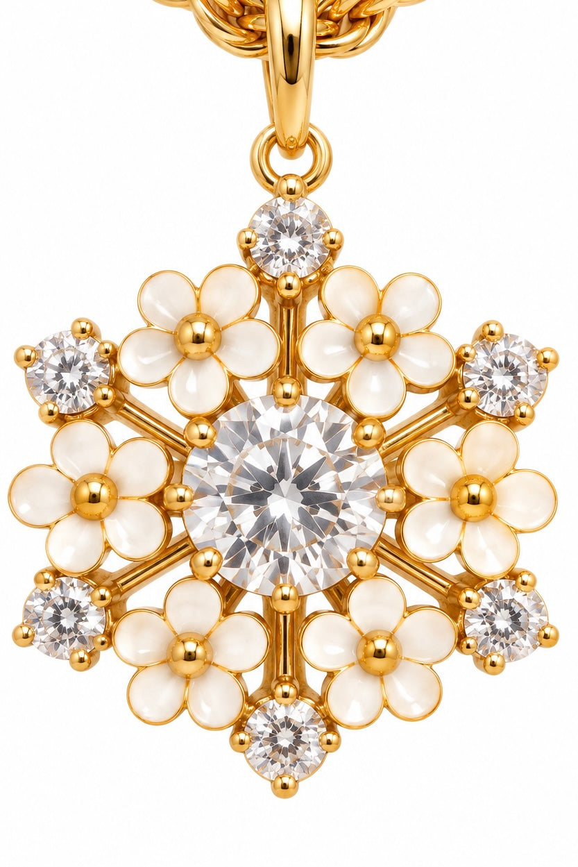 Vintage 1970s–1980s Gold-Tone Rhinestone & White Floral Snowflake Pendant Necklace