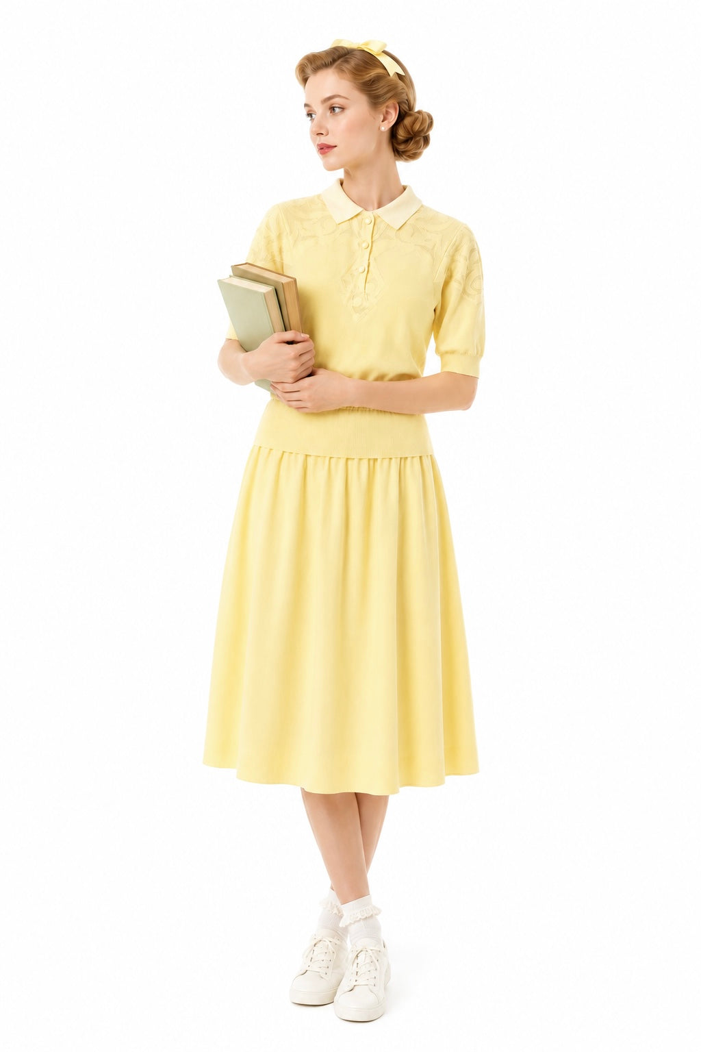 Vintage Lemon Yellow Cotton Dress | Preppy Collared Midi Dress with Pockets | Size 12 (Best Fits S/M)