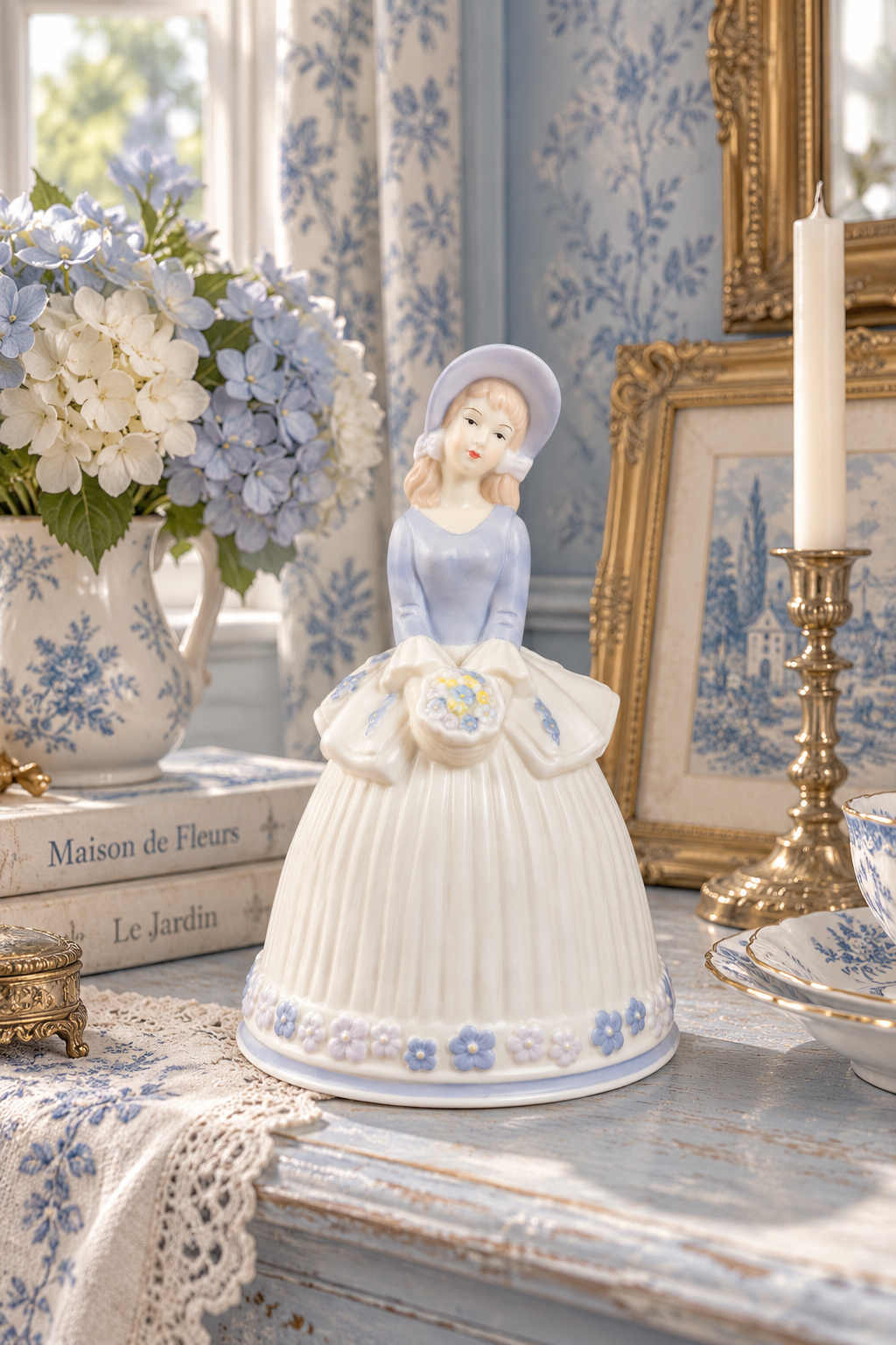 Vintage 1970s–1980s Victorian Lady Ceramic Dinner Bell Figurine – Lavender Blue Floral