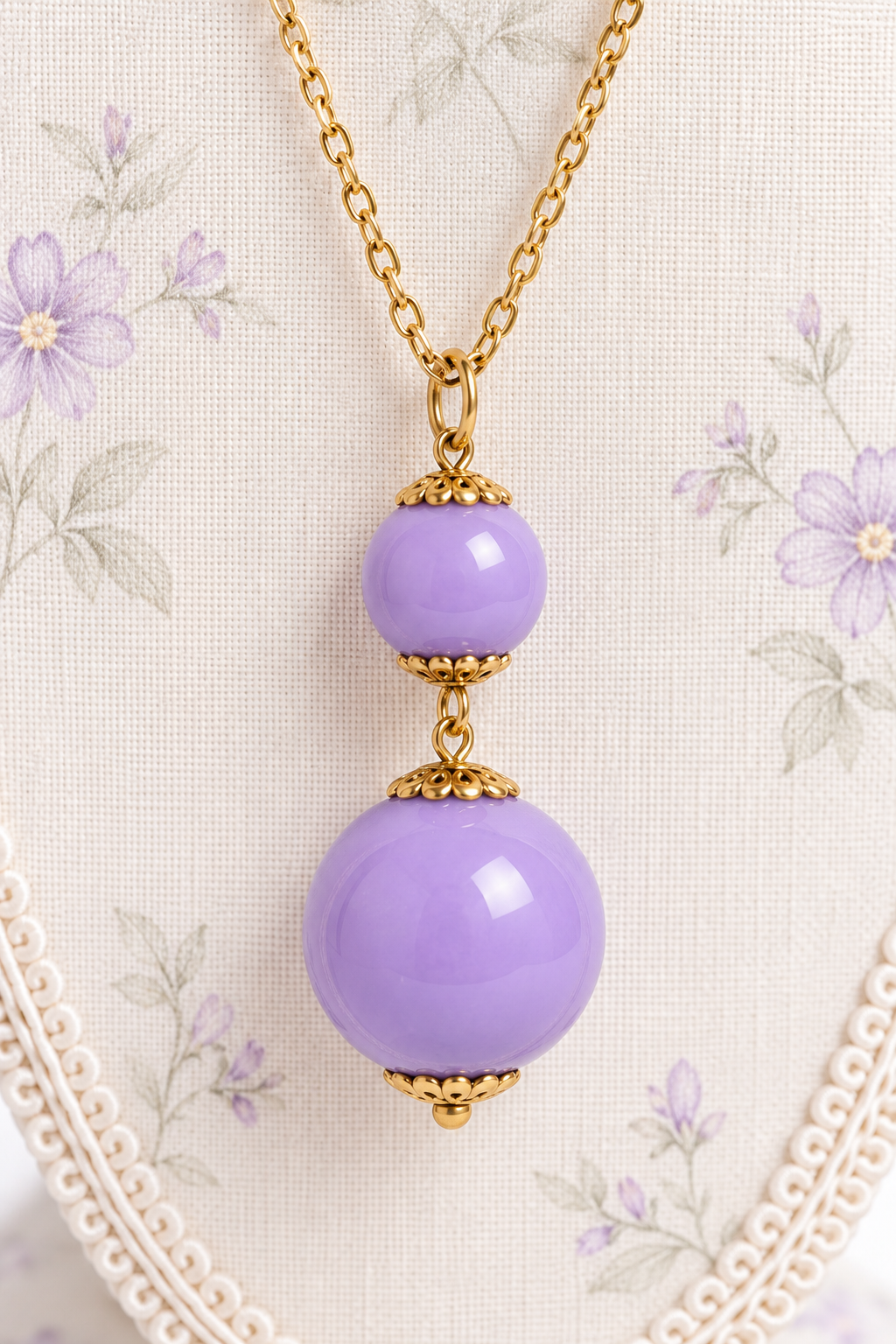 Vintage Gold-Tone Lavender Double Bead Pendant Necklace