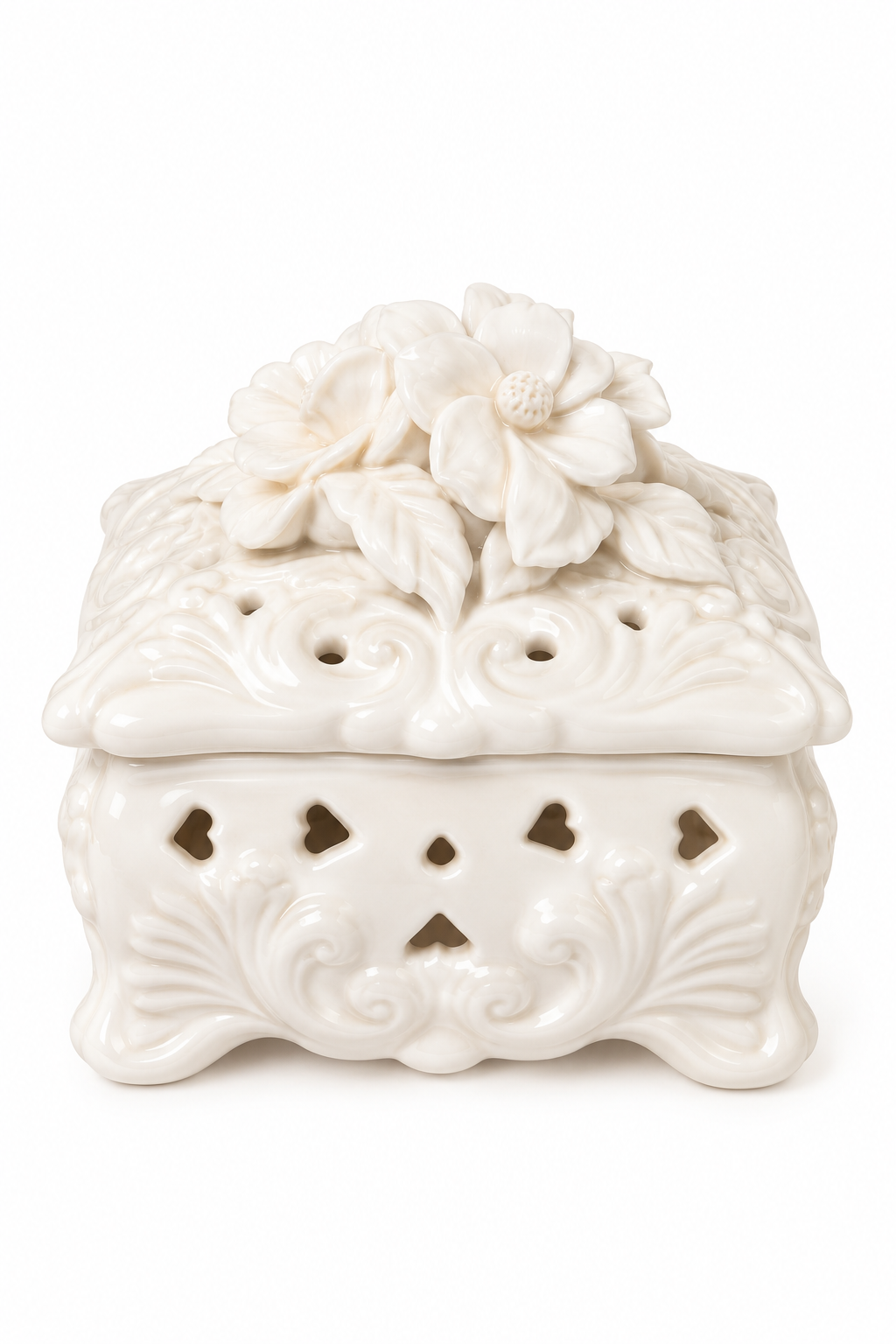 Vintage 1980s White Ceramic Reticulated 3D Floral Rose Potpourri Trinket Box