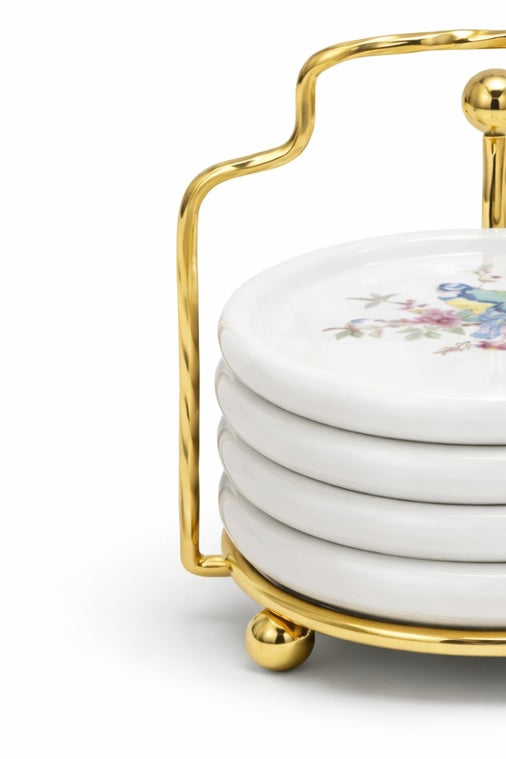 Vintage Coaster Set with Holder | Set of 4 Decorative Drink Coasters