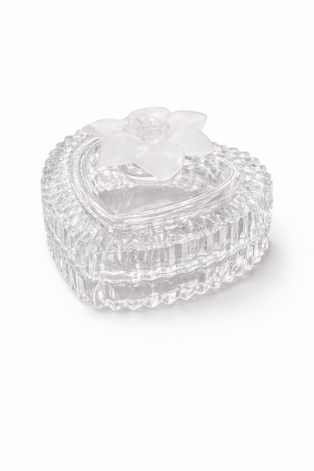 Vintage 1980s Cristal d’Arques France Heart-Shaped Glass Trinket Box with Frosted Floral Lid
