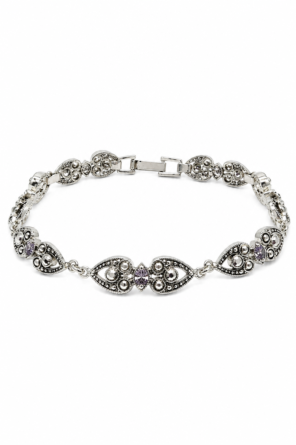 Vintage 1980s Silver-Tone Heart Link Bracelet with Crystal Accents | Romantic Filigree Bracelet | 7”