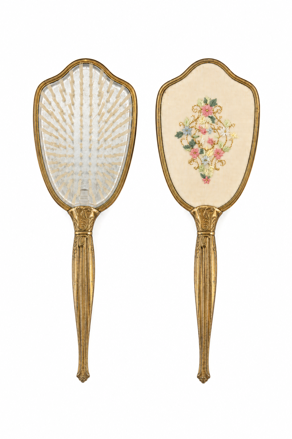 Vintage 1940s–1950s Floral Vanity Hair Brush | Gold Tone | Embroidered Back | Dressing Table Brush
