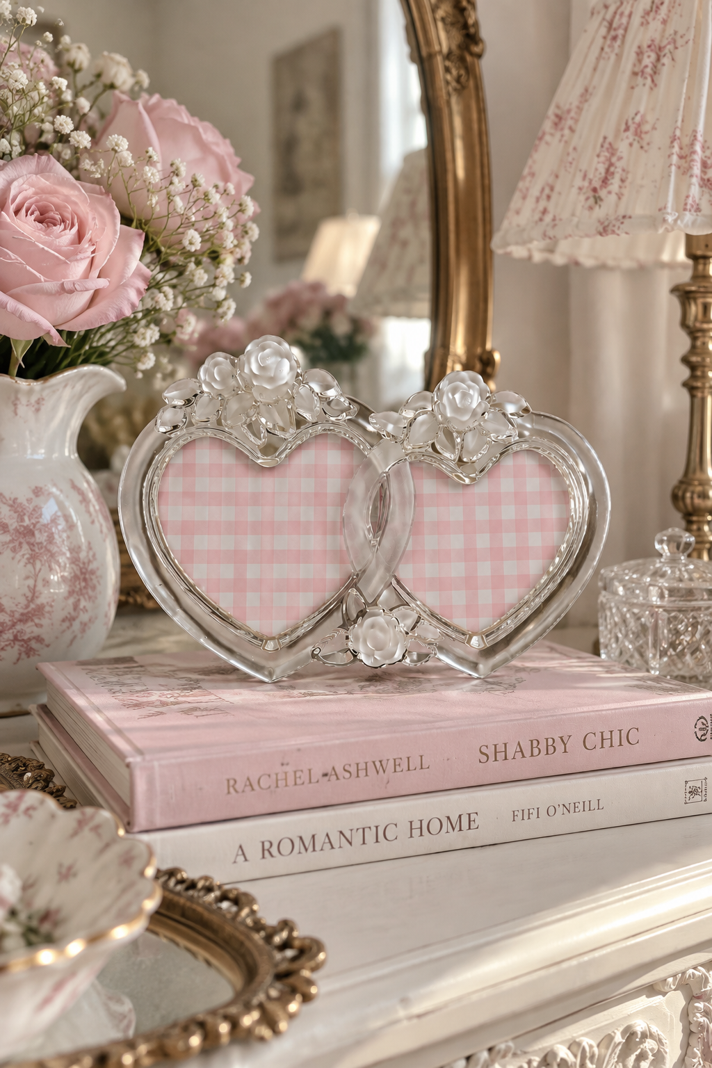 Vintage 1990s Mikasa Crystal Rosemont Double Heart Picture Frame – Frosted Roses Made in Germany
