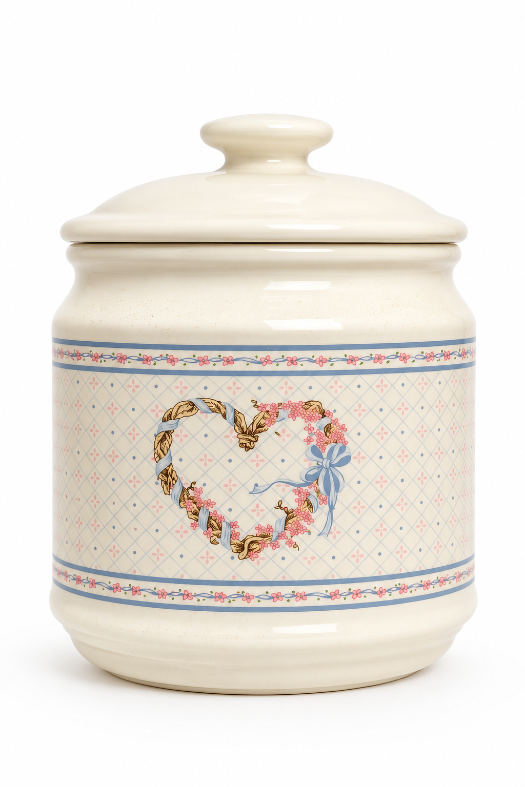 Vintage 1989 House of Lloyd Ceramic Canister | Heart Wreath Bow Pattern | Cottage Kitchen Storage