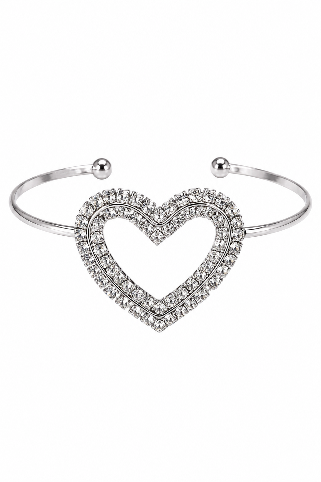 Silver-Tone Open Heart Rhinestone Cuff Bracelet
