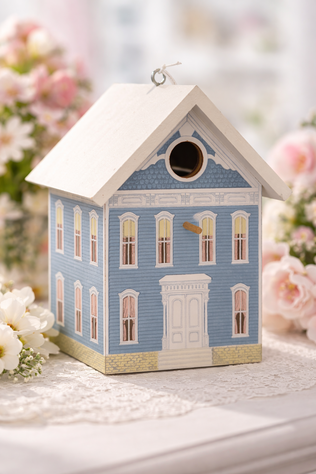 Victorian Cottage Blue Birdhouse | Decorative Garden Hanging Birdhouse, Shabby Chic Outdoor Cottage Decor