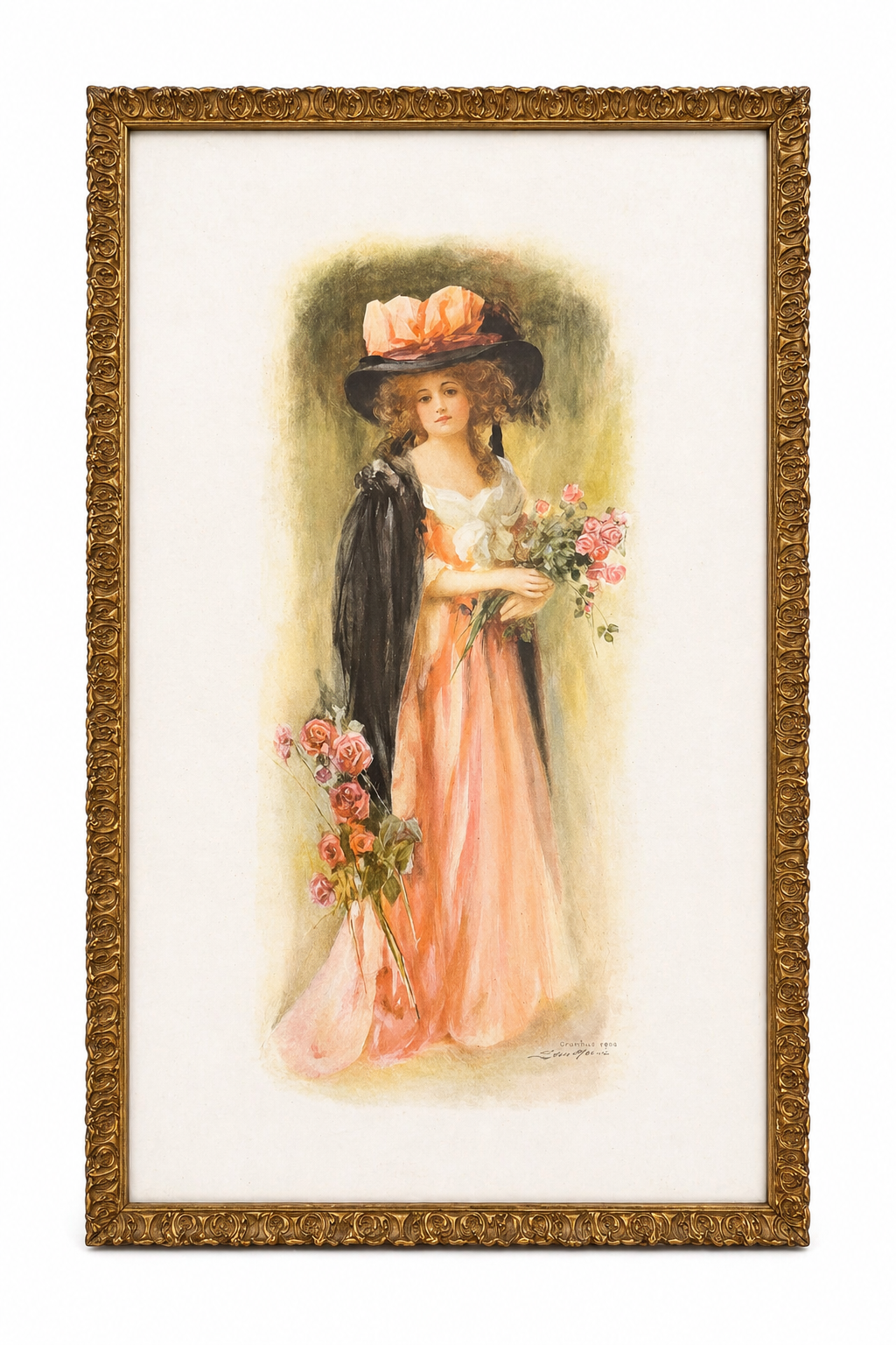 Vintage Framed Harrison Fisher Style Lady Portrait Print | Gold Ornate Frame Romantic Wall Art | Circa 1940s–1970s