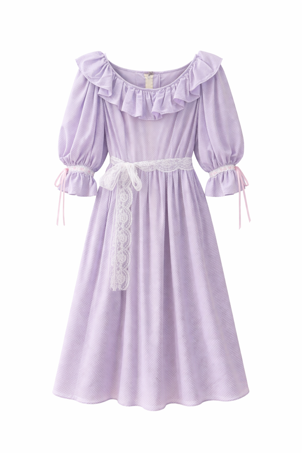 “Lavender Waltz” Vintage Prairie Dress | Lilac Polka Dot Cottagecore Dress with Lace Sash