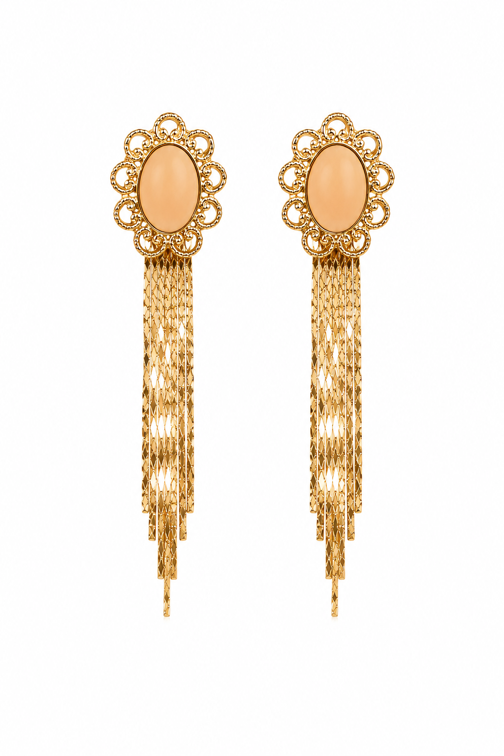 Vintage 1950s–1980s Gold Tone Filigree Tassel Dangle Earrings with Peach Cream Cabochons