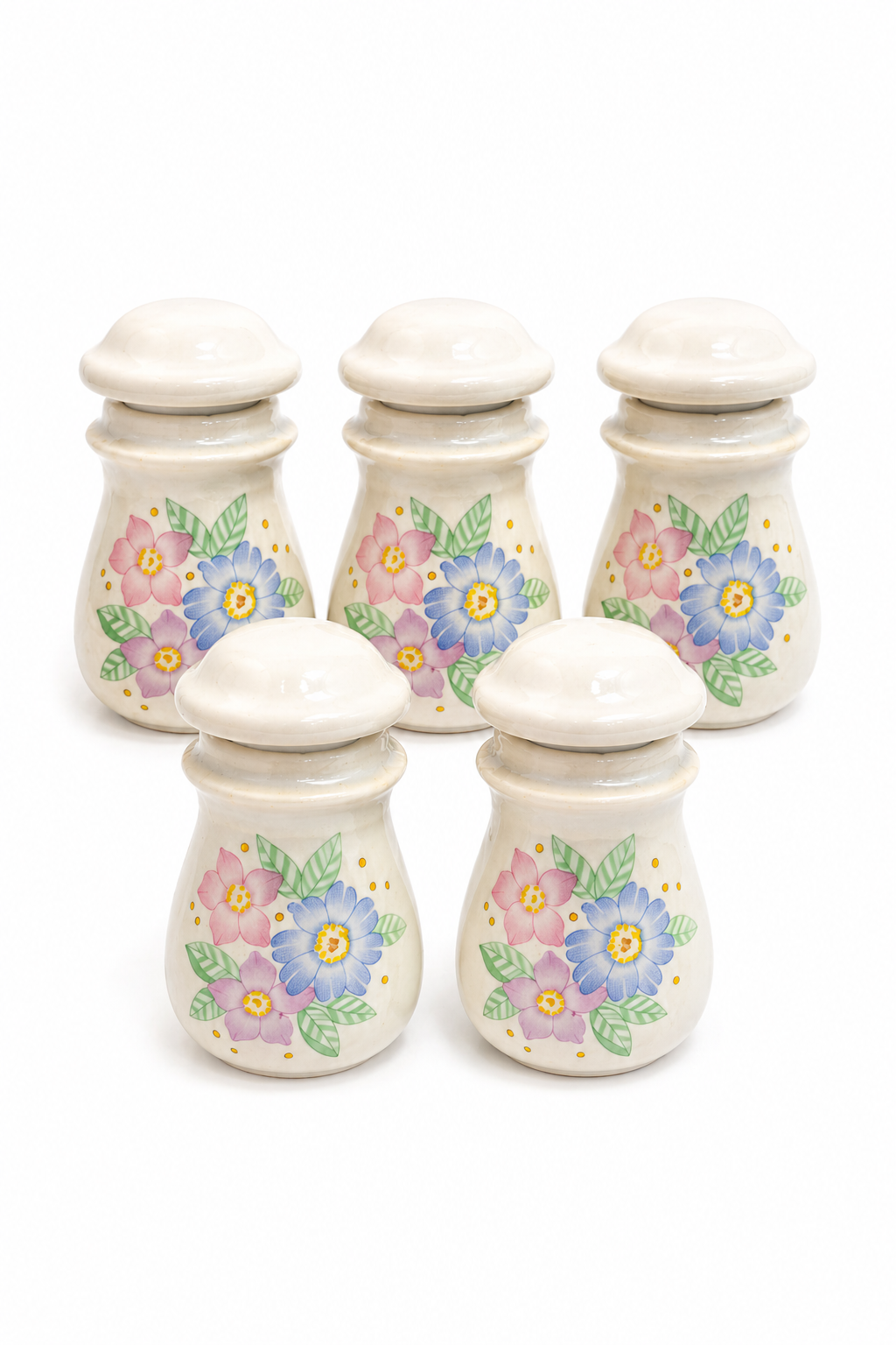 Vintage 1980s Wildflower Ceramic Spice Jar Set | Set of 5 Floral Kitchen Canisters with Lids