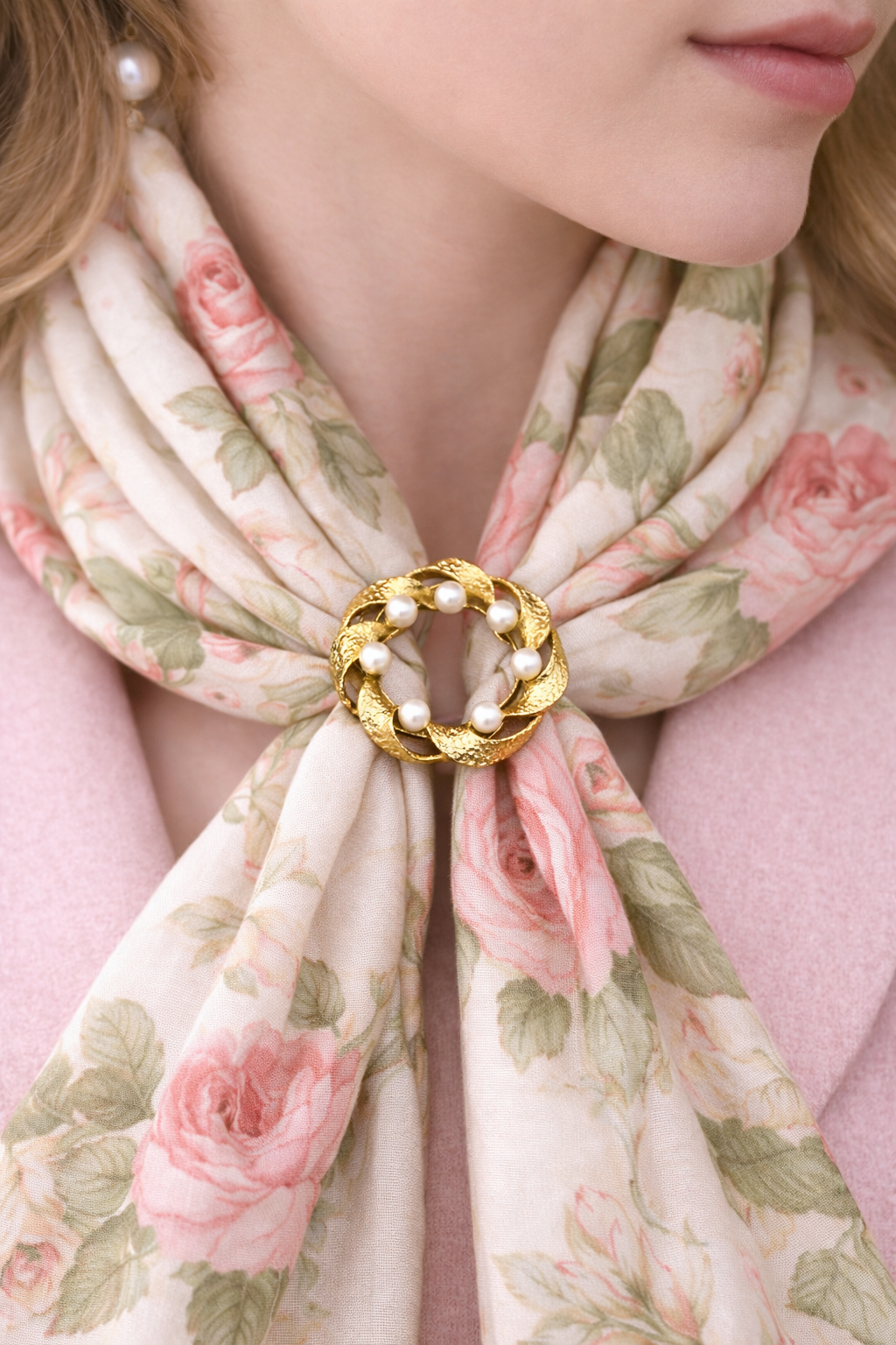 1950s Vintage Gold-Tone Pearl Scarf Ring/Clip | Textured Woven Design