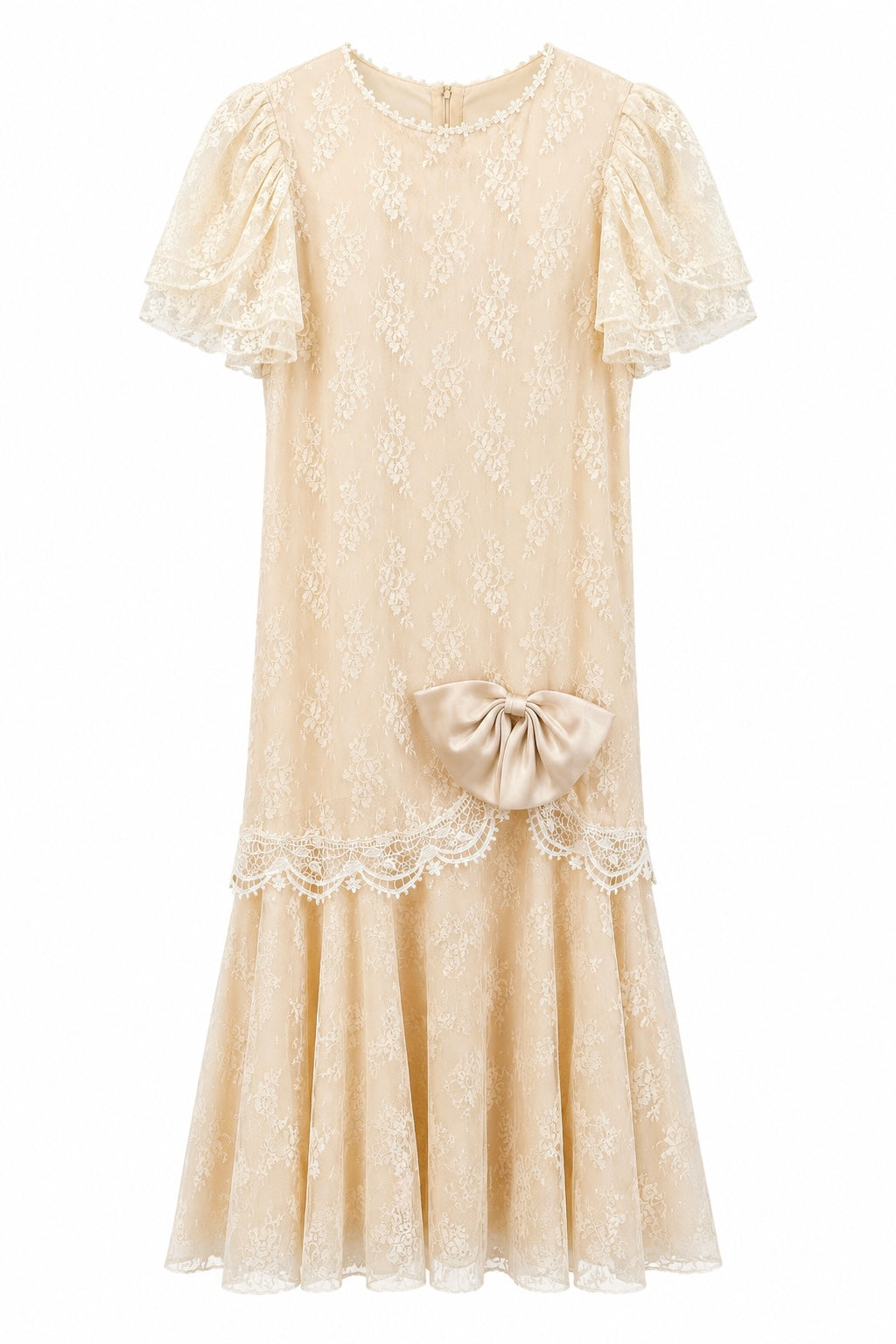 NWT Vintage 1980s Barbara Shodos for Michael Marcella Cream Lace Drop Waist Flapper Dress M