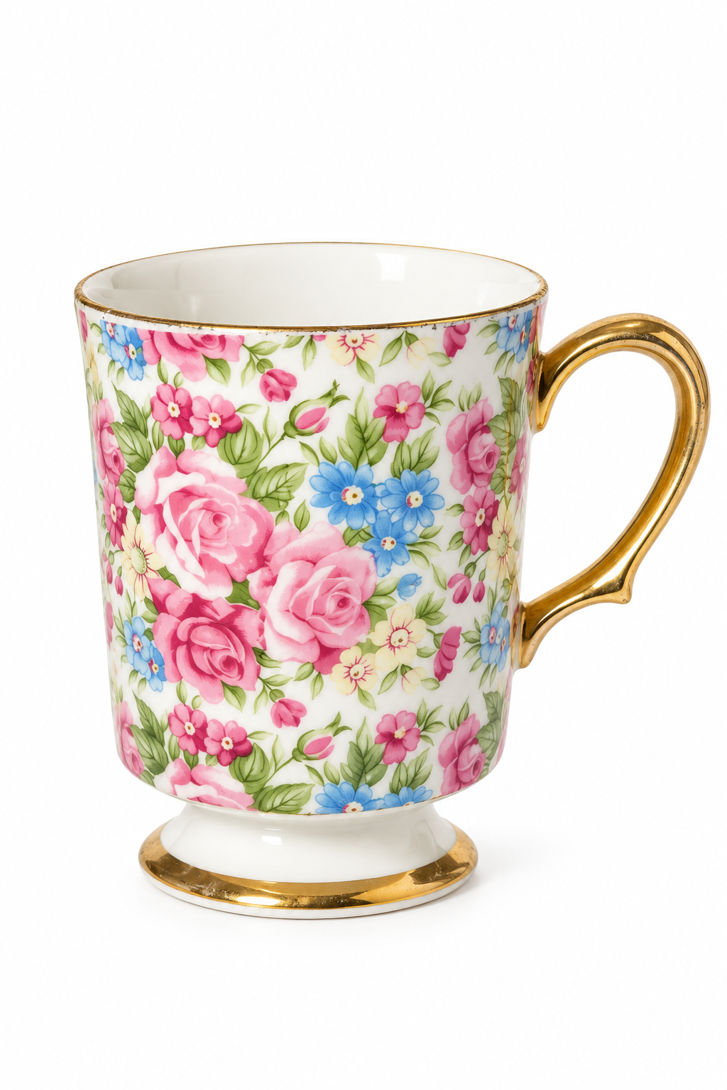 Vintage Pink Rose & Blue Floral Gold-Tone Mug | Romantic Footed Porcelain Cup