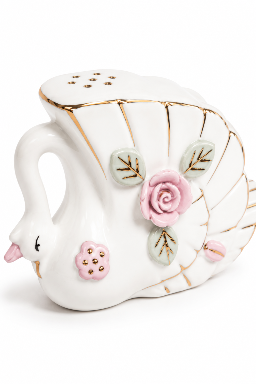 Vintage Porcelain Swan Salt & Pepper Shaker Set | Pink Roses & Gold Accents