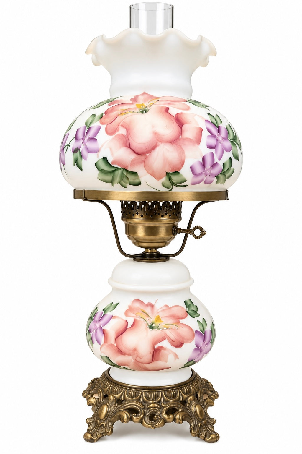 Vintage Gone With the Wind Floral Hurricane Parlor Lamp | Double Globe Pink Rose Table Lamp