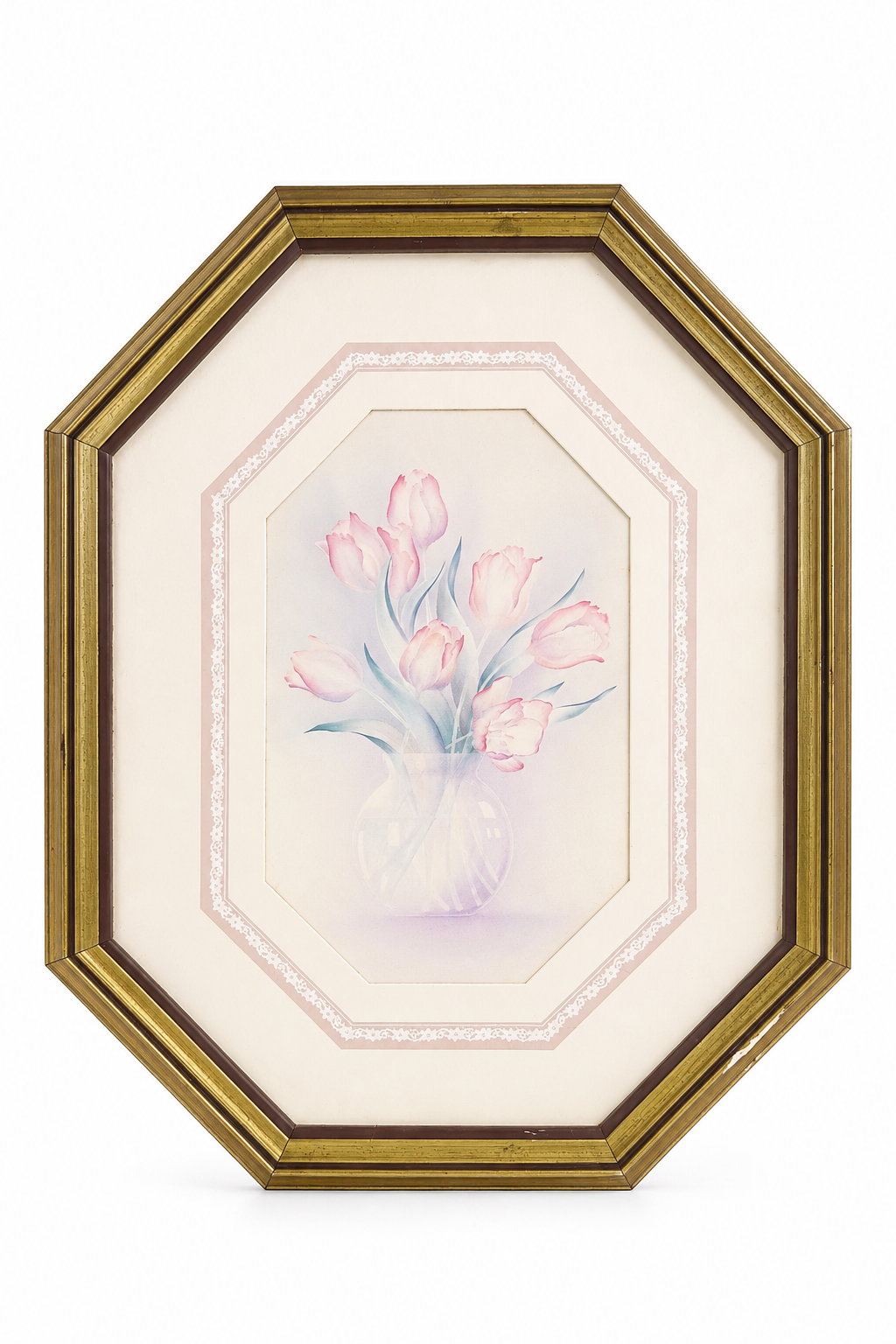 Vintage House of Lloyd Pink Tulip Floral Wall Art | Octagon Gold Frame | Romantic Cottage Wall Decor | 14” x 11”