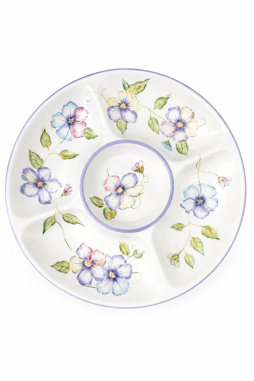 Vintage Capriware Hand-Painted Pansy Divided Serving Platter | Large 5-Part Chip & Dip Platter | 15.25”