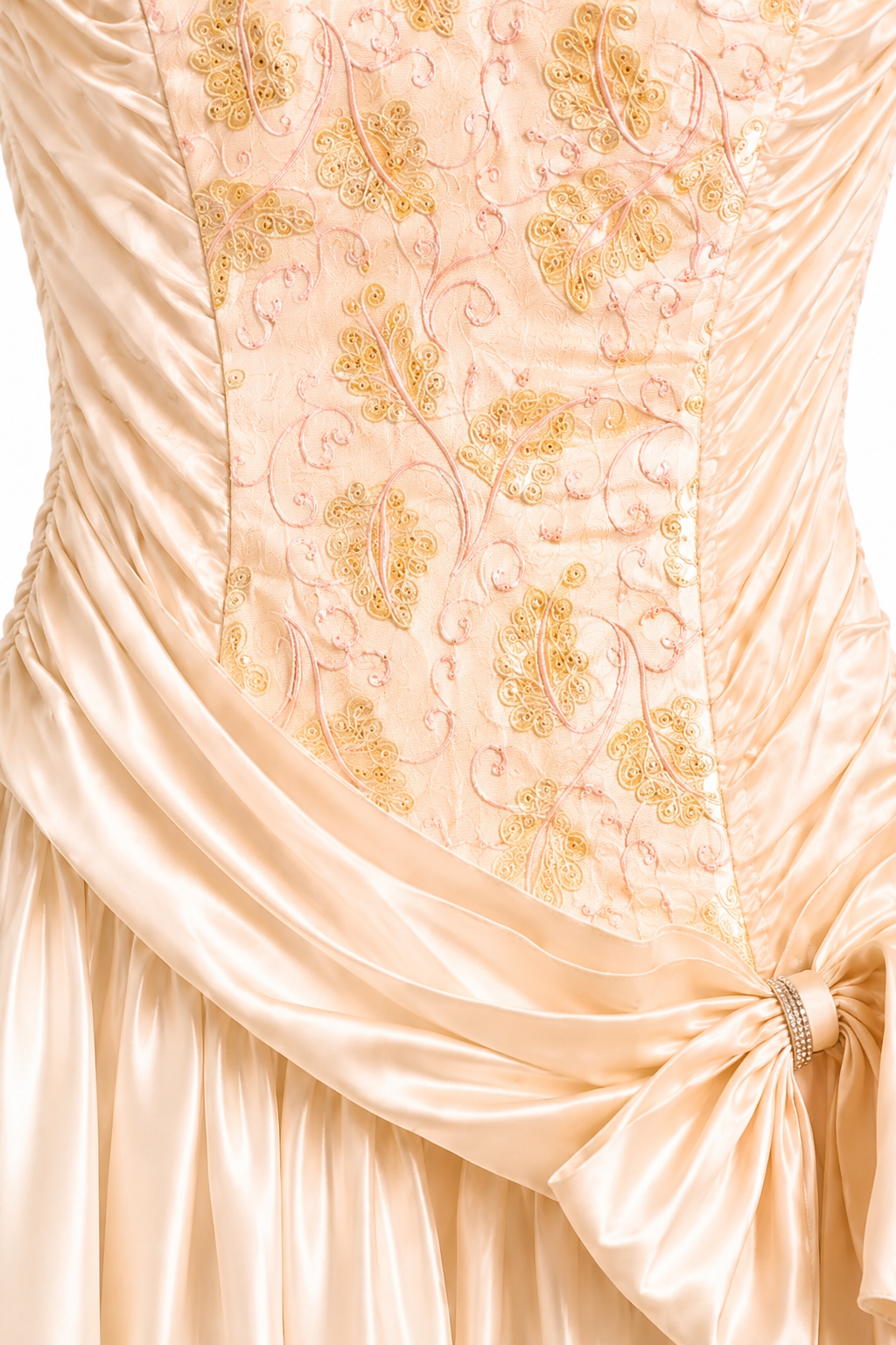 1980s Zum Zum Peach Satin Party Dress | Vintage Strapless Prom Dress 7/8 (XS-S)