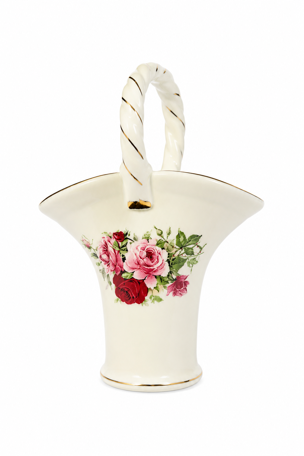 1990s Baum Brothers Formalities Floral Basket Vase | Vintage Porcelain Rose Vase | Victorian Cottage Décor