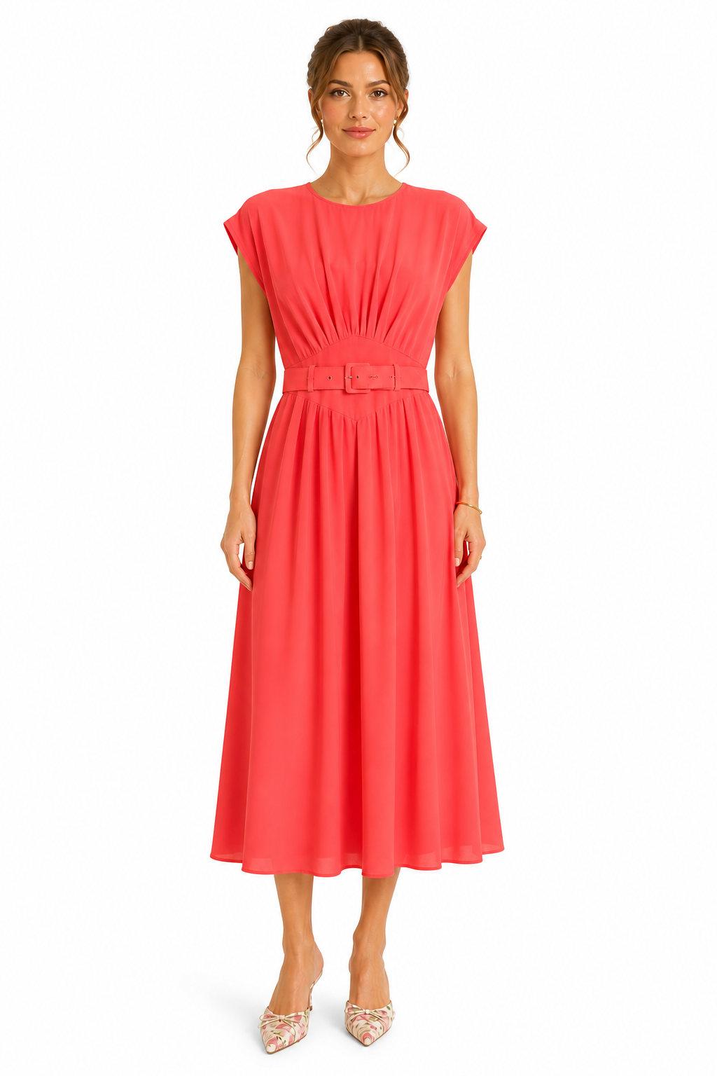 Vintage 1980s Nina Piccalillio Coral Orange Midi Dress - Belted Flowing Dress | Size 4 | Made in USA