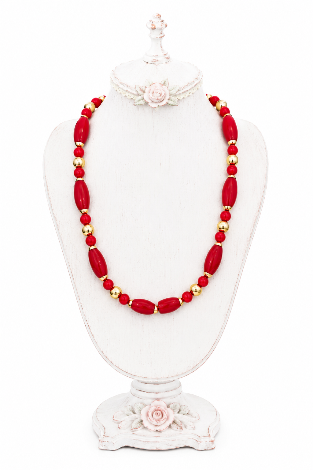 Vintage 1980s–1990s Red Lucite & Gold Tone Beaded Necklace | Bold Statement Necklace | 17.5”